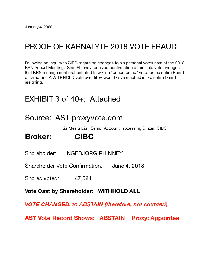 proof of Karnalyte 2018 Vote Fraud not good enough for regulators
